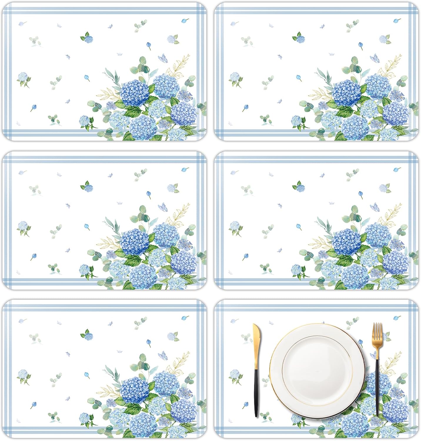 Manteles individuales de plástico con flores de hortensias 11 x 16 pulgadas