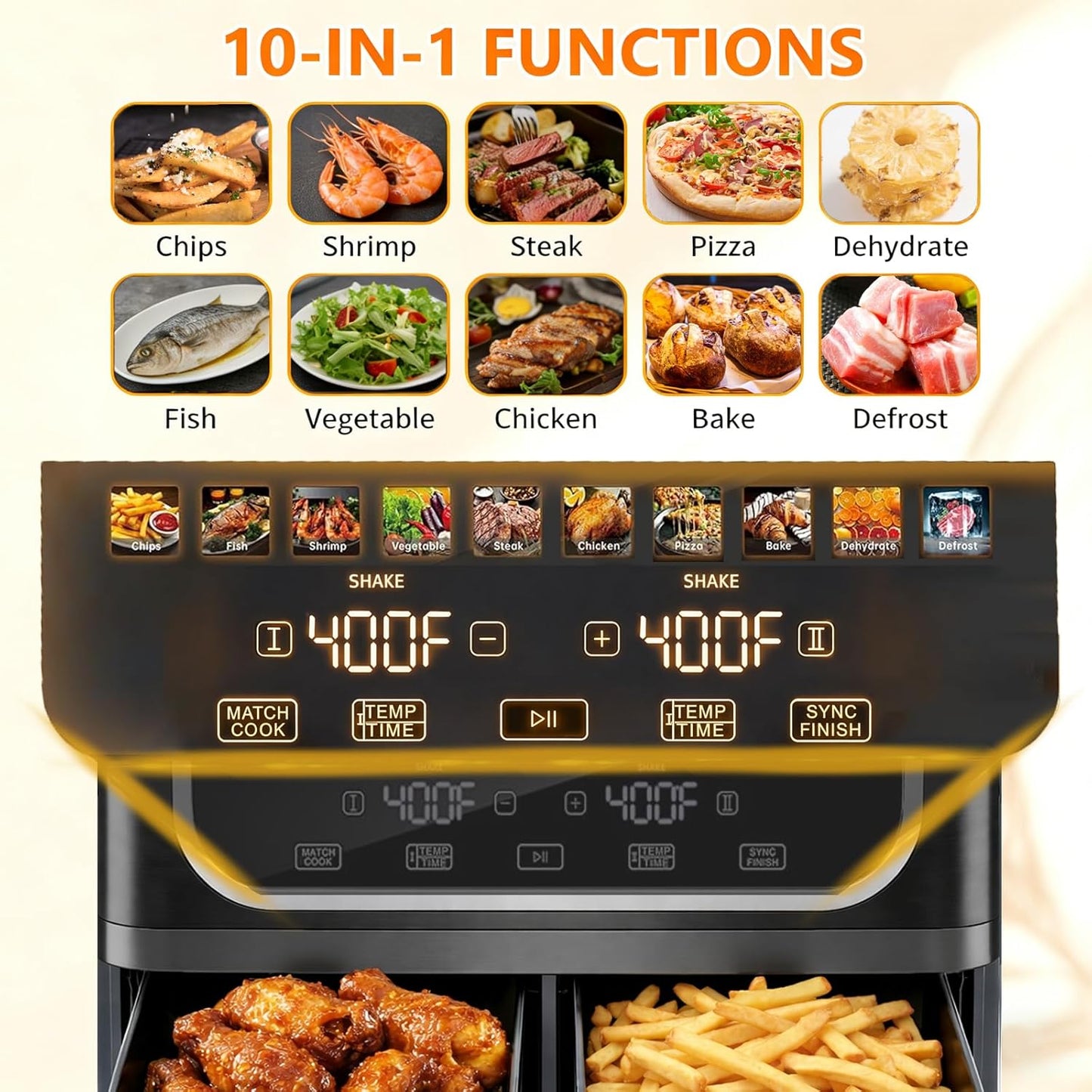 Freidora aire doble cesta 9.5qt 1700W digital 10en1 negro