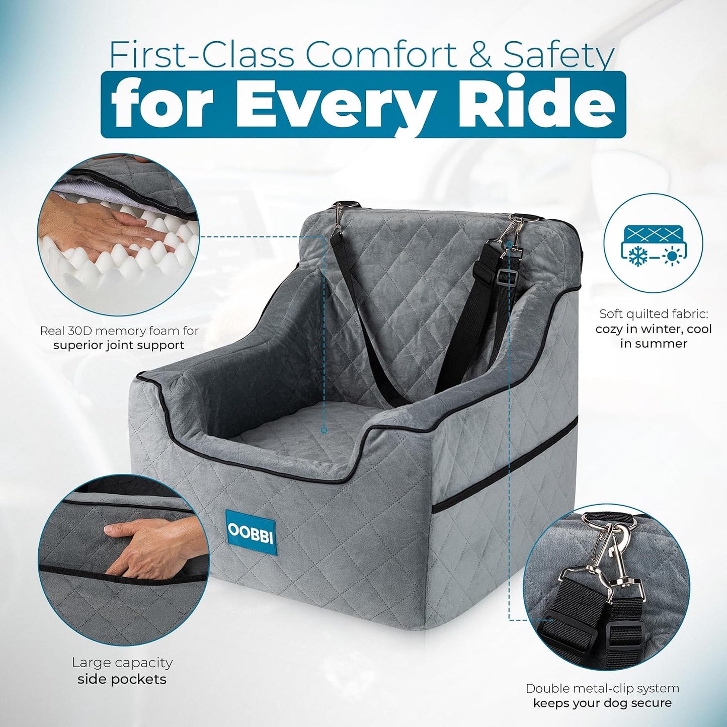 Asiento perro mediano espuma viscoelástica correas seguridad lavable