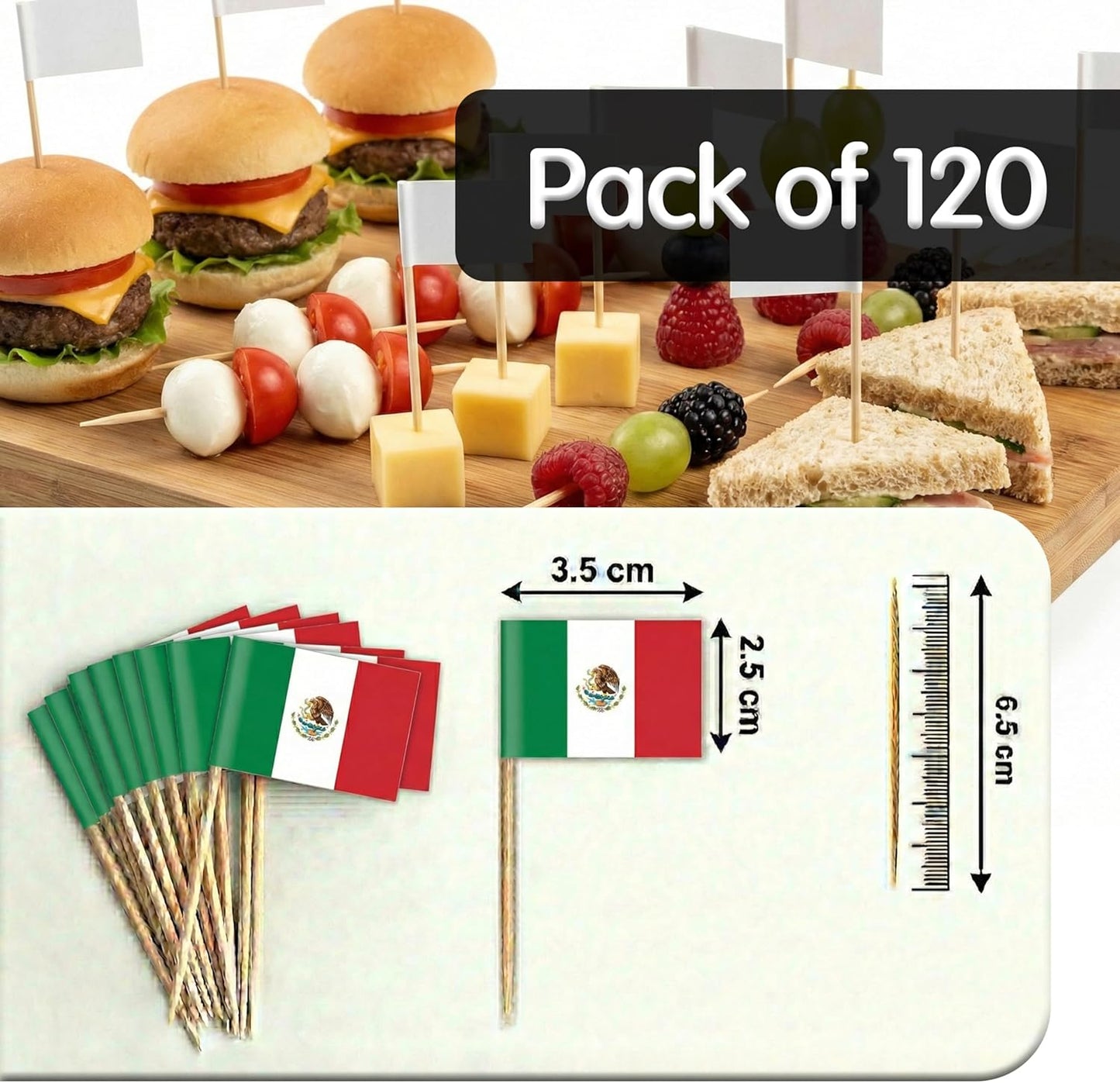 120 Palillos Bambú 2.6pulg con Banderas para Decorar Eventos