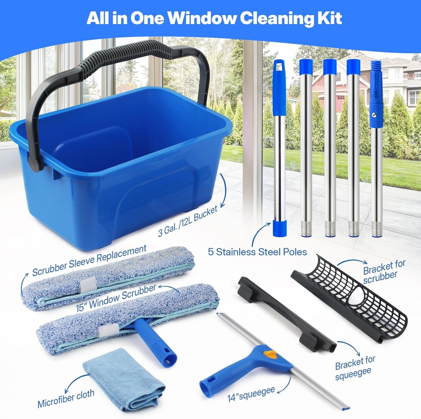 Kit limpieza ventanas 3gal escobilla 76pulg microfibra