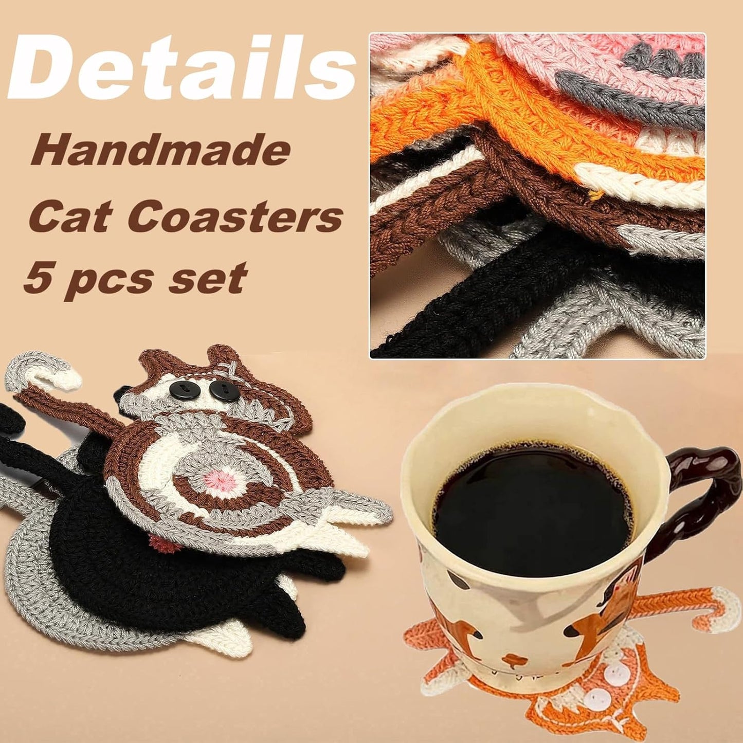 5 Posavasos Gato para Bebidas Regalo Durable para Mesa