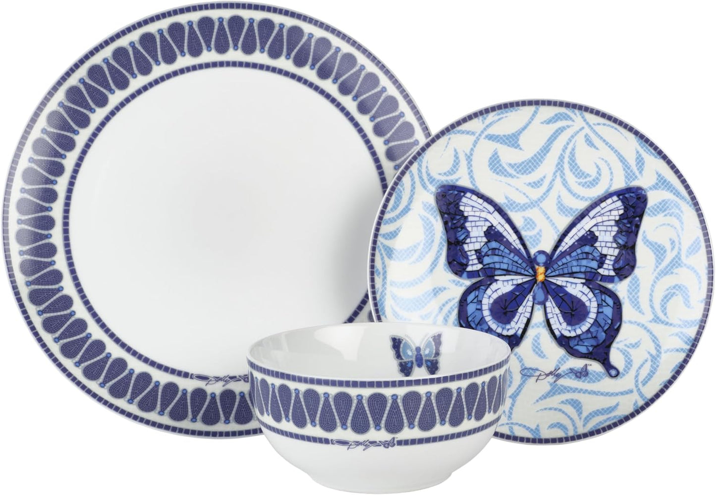 Juego 12 Pzas Vajilla Porcelana Mosaico Azul Mariposas