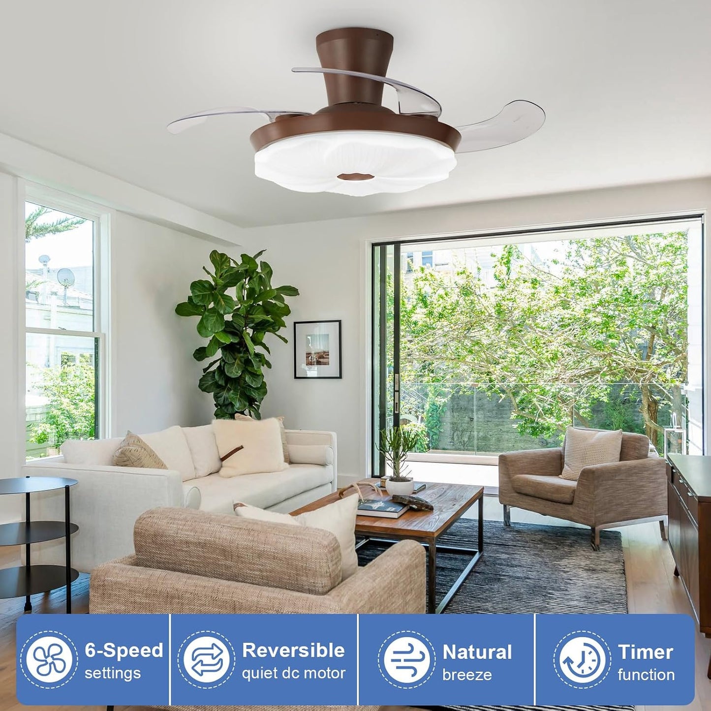 Ventilador techo retráctil nogal 42pulg luz LED control remoto