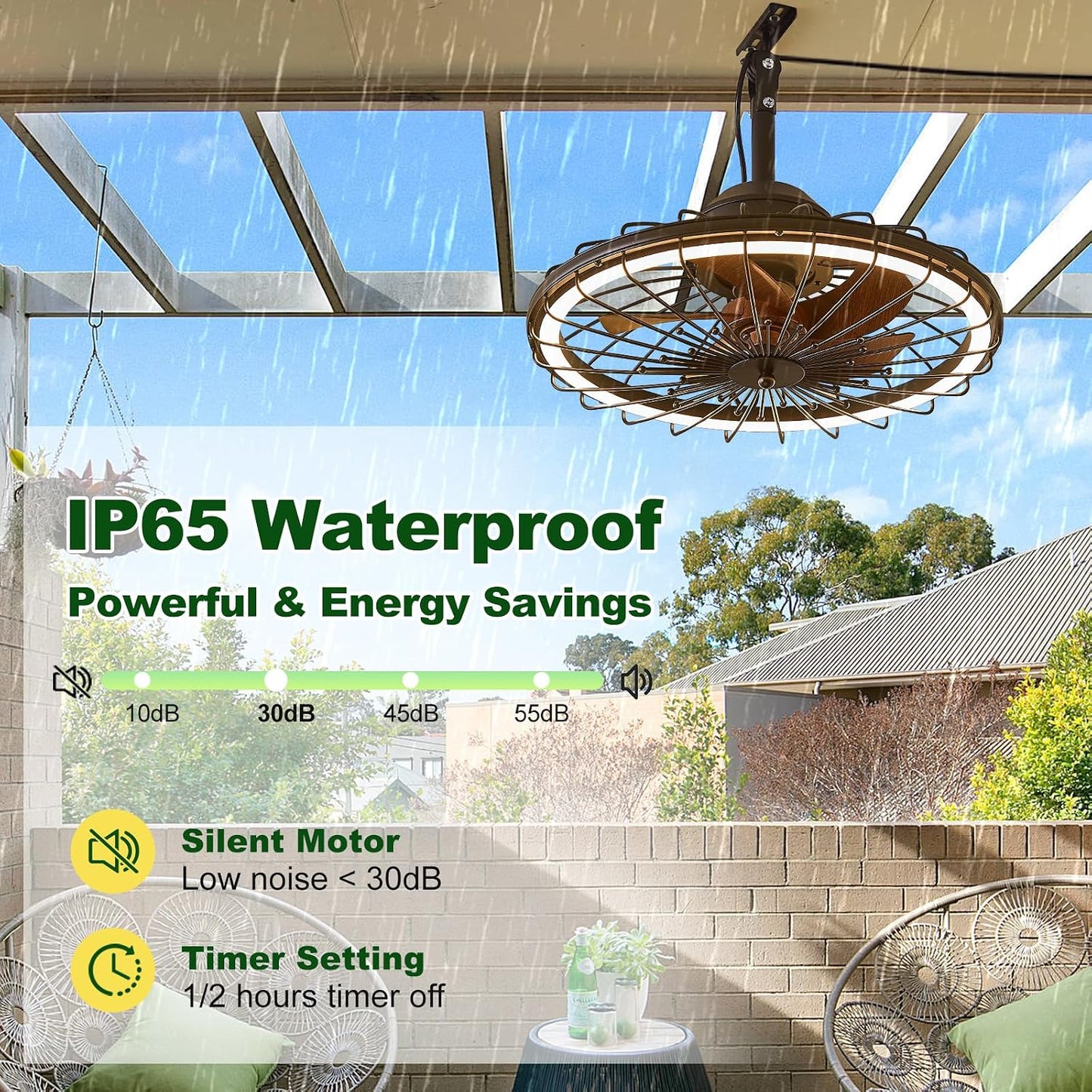 Ventilador techo exterior con luz IP65 20pulg control app dimmable