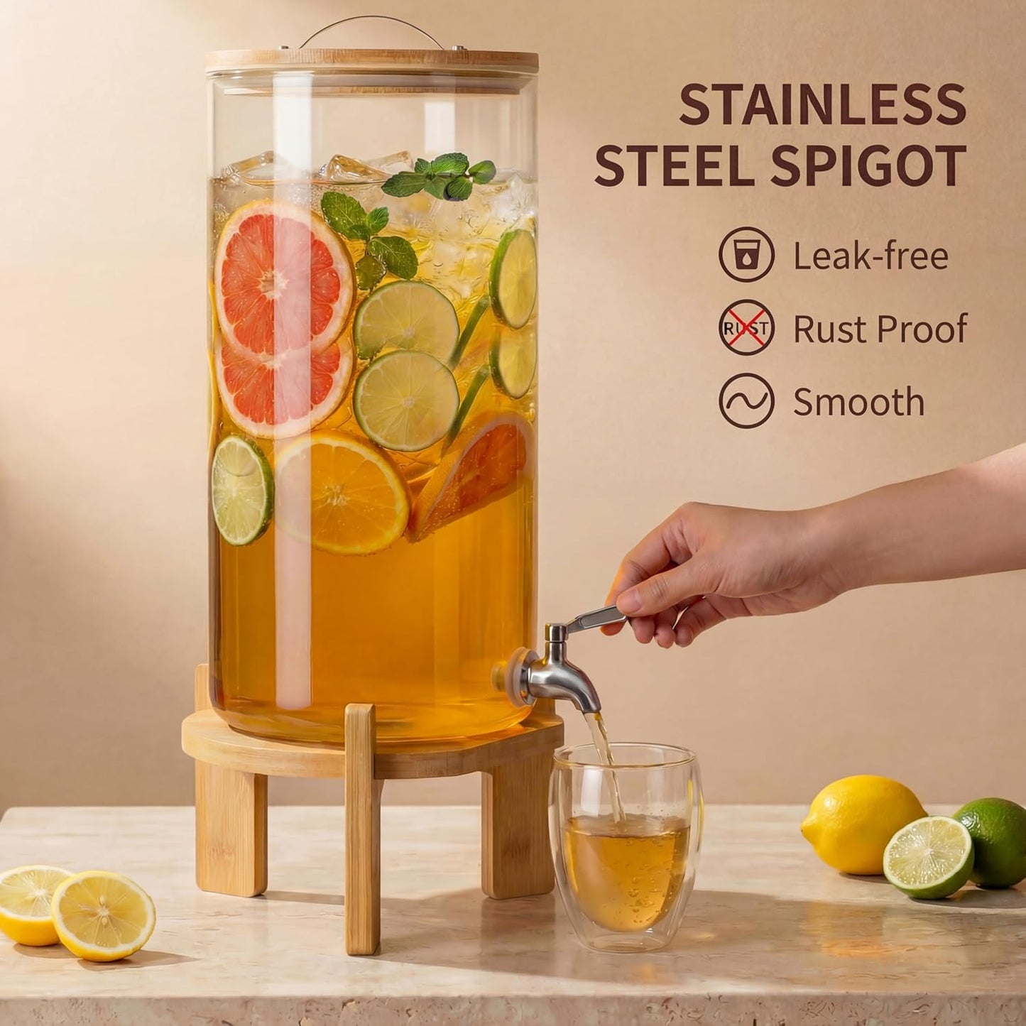 Dispensador bebidas vidrio con soporte grifo inox