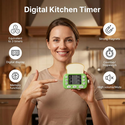 Temporizador digital de cocina con 3 canales y modo silencioso