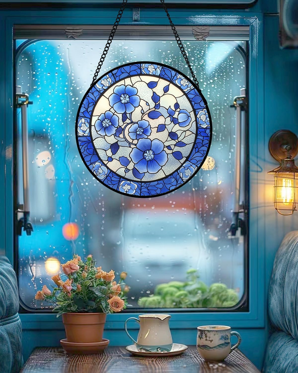 Atrapasoles vidrio decoración hogar ciruela azul blanco