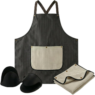 Delantal de cocina con toalla desmontable guantes negros babero a rayas impermeable bolsillo canguro correa ajustable