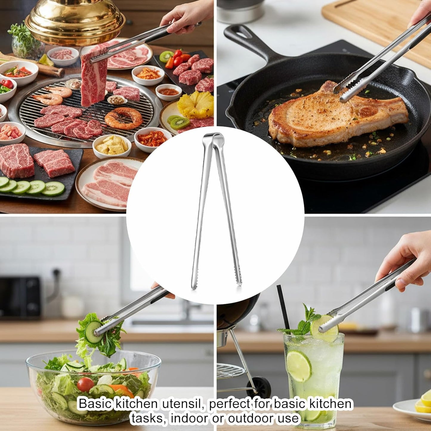 Juego de 6 pinzas de cocina pequeñas de acero inoxidable con puntas antideslizantes
