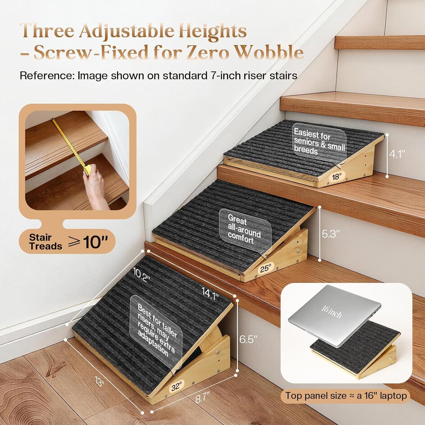 Rampa ajustable para perros antideslizante 3 alturas madera maciza