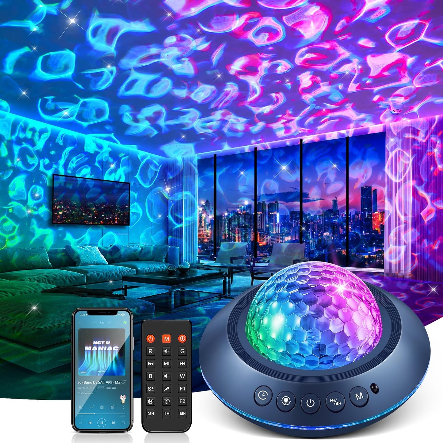 Proyector luz oceánica con sonido blanco y Bluetooth 360°