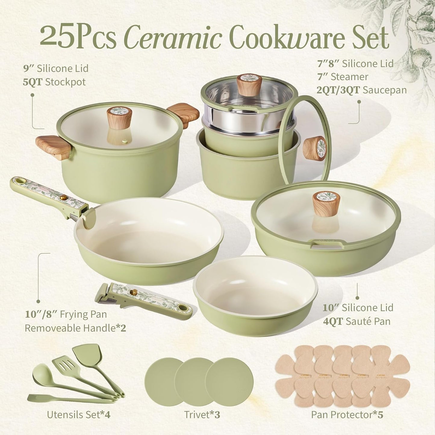 Set 25 Pzas Utensilios Cerámica Antiadherente Sin PFAS