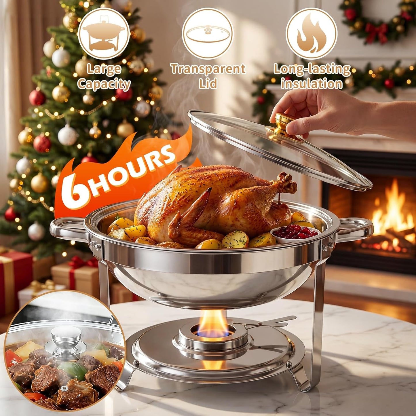 4 Pzas Platos Bufé Acero Inox 6qt Con Tapa Vidrio