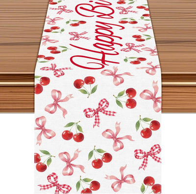 Camino mesa cumpleaños lazo cerezo patrón rojo y rosa 72x13pulg