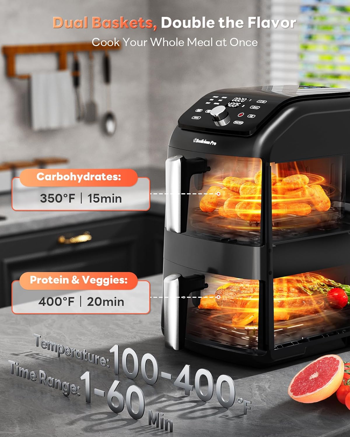 Freidora aire doble 12qt 10en1 2 cestas SyncHeat compacta