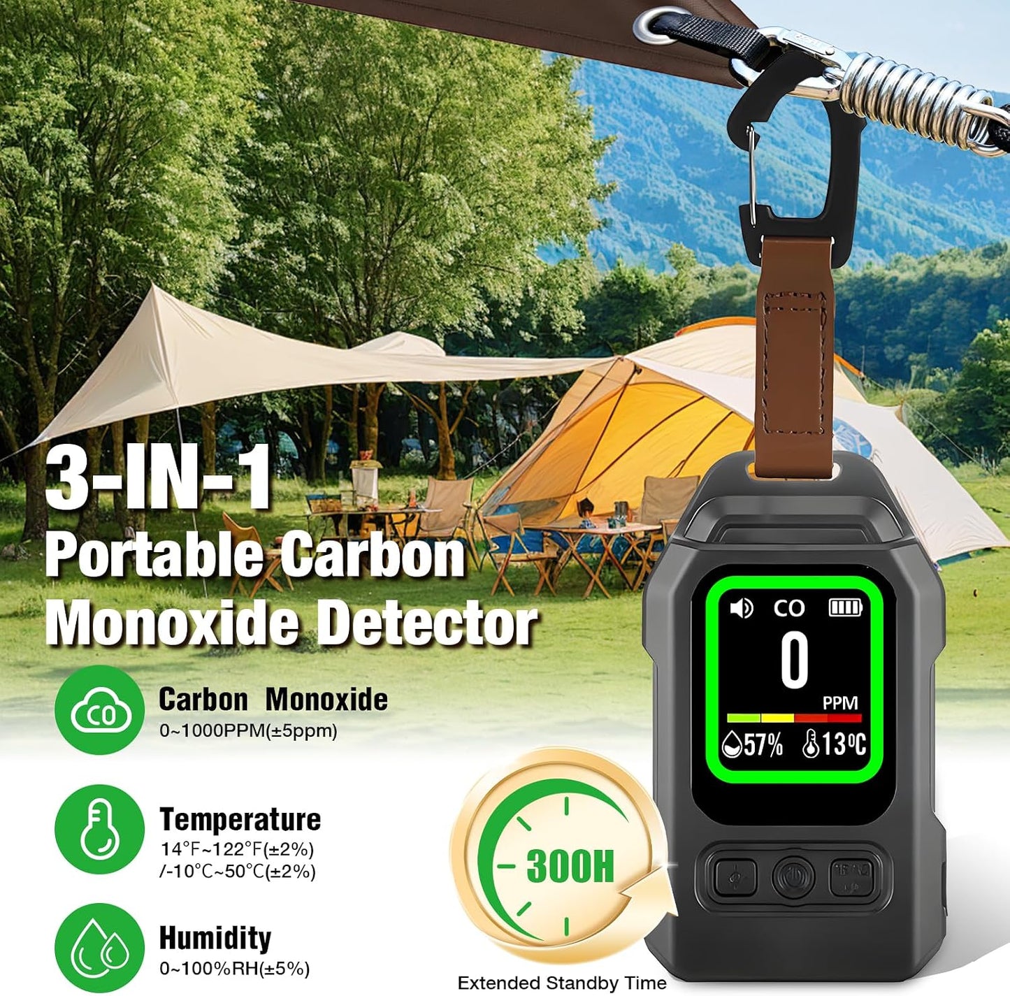 Detector CO portátil 3en1 con alarma temp y humedad