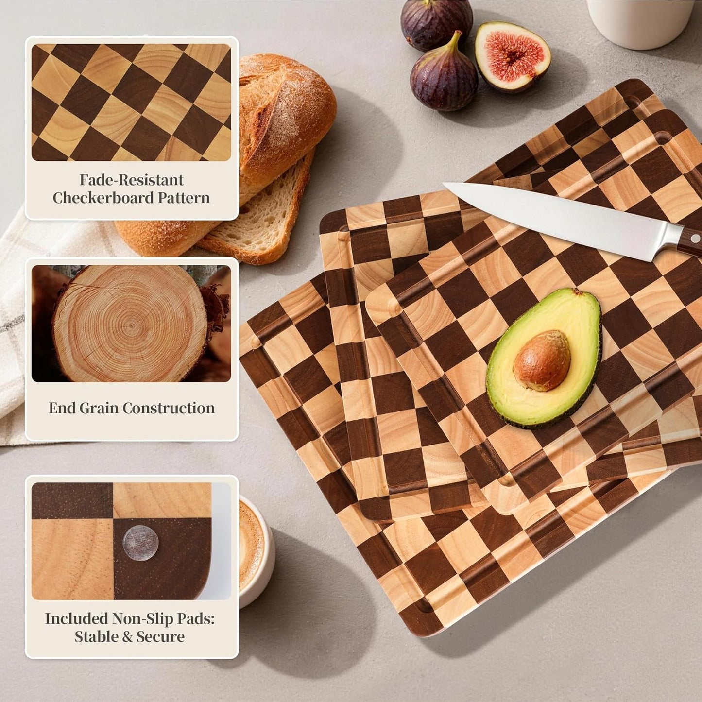 Set 3 Tablas Cortar Madera Maciza con Soporte