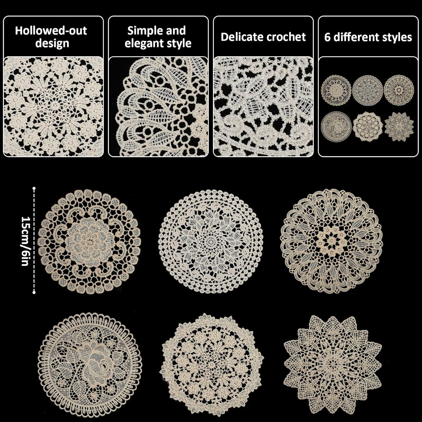 Doilies de encaje 6 pulgadas redondos hechos a mano para mesa