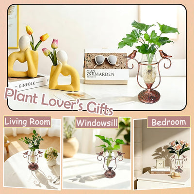 Maceta vidrio florero metal arte pájaros dobles decoración oficina