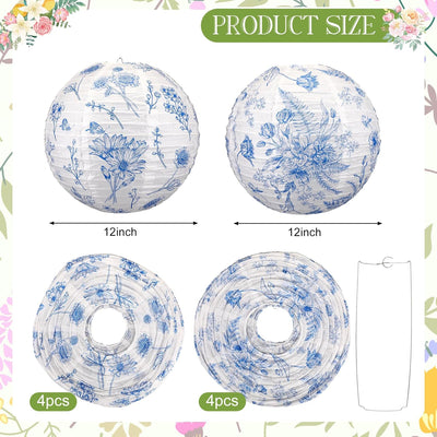 8 Faroles Chinoiserie 12pulg Azul Blanco Estilo Floral para Fiesta