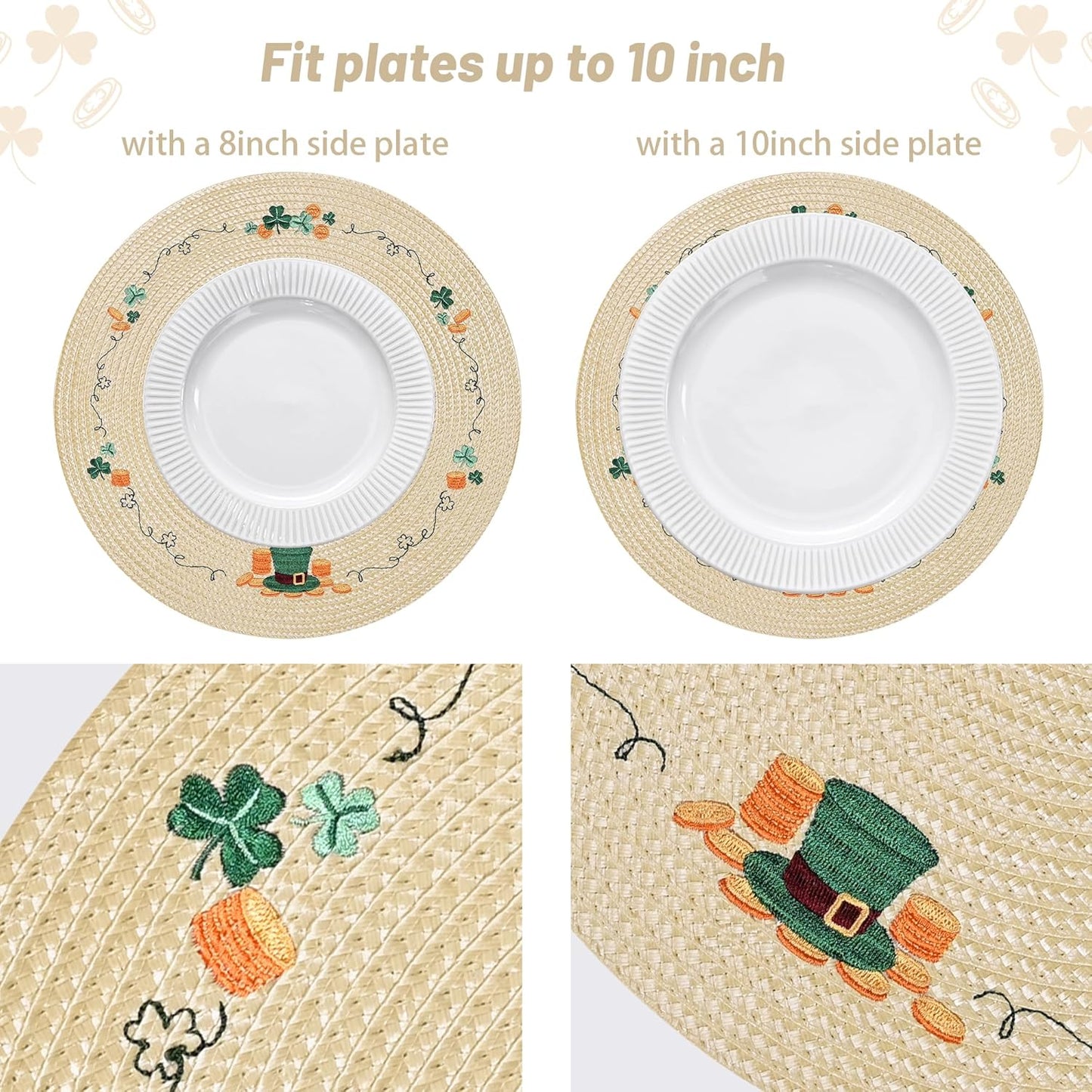 Manteles individuales redondos Día de San Patricio con sombrero verde y trébol