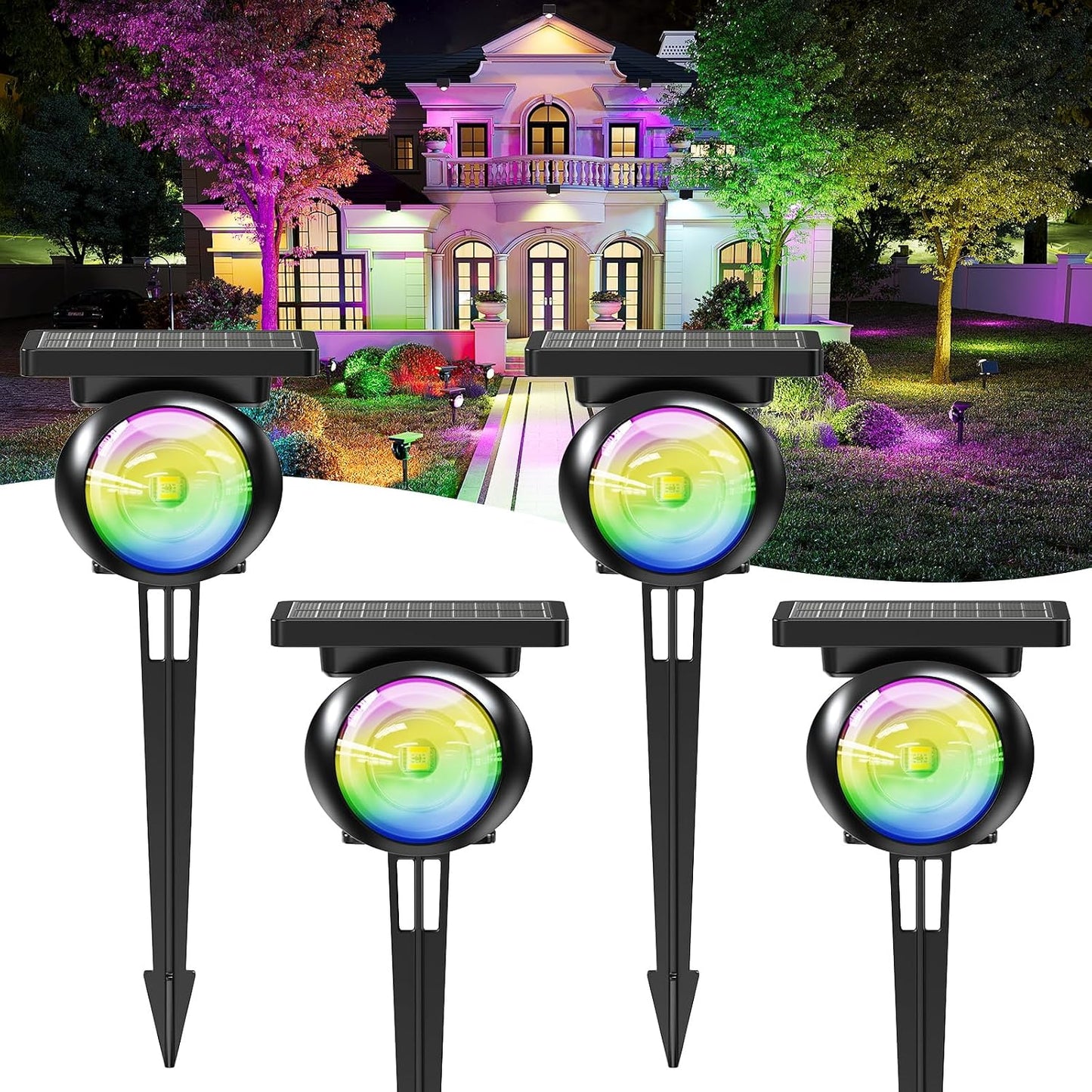 Focos solares RGB3CCT impermeables para jardín y camino 4uds