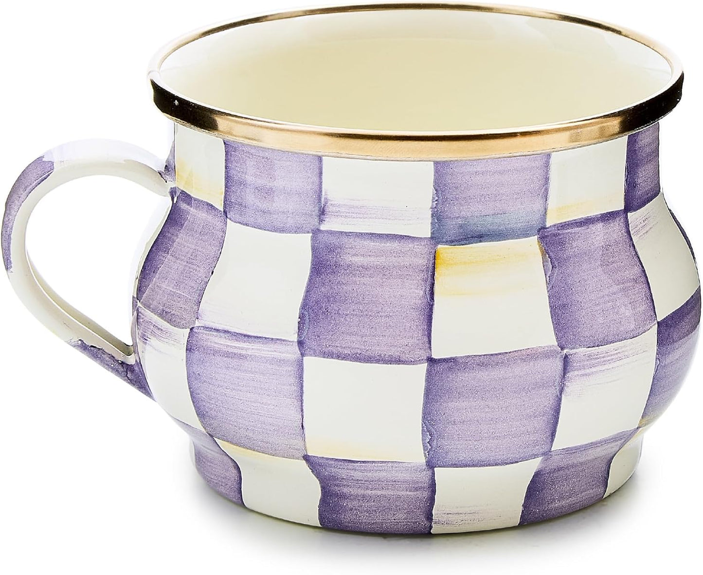 Taza de té esmaltada color violeta con cuadros