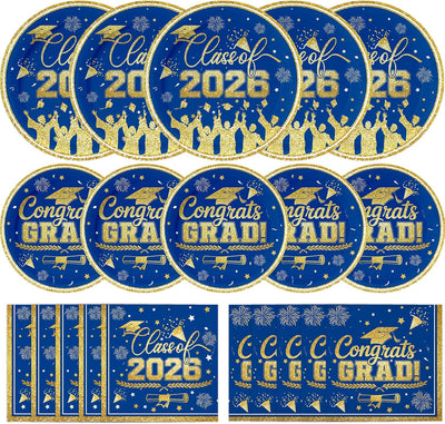 Set 100 Platos Servilletas Graduación Azul Dorado Clase 2026