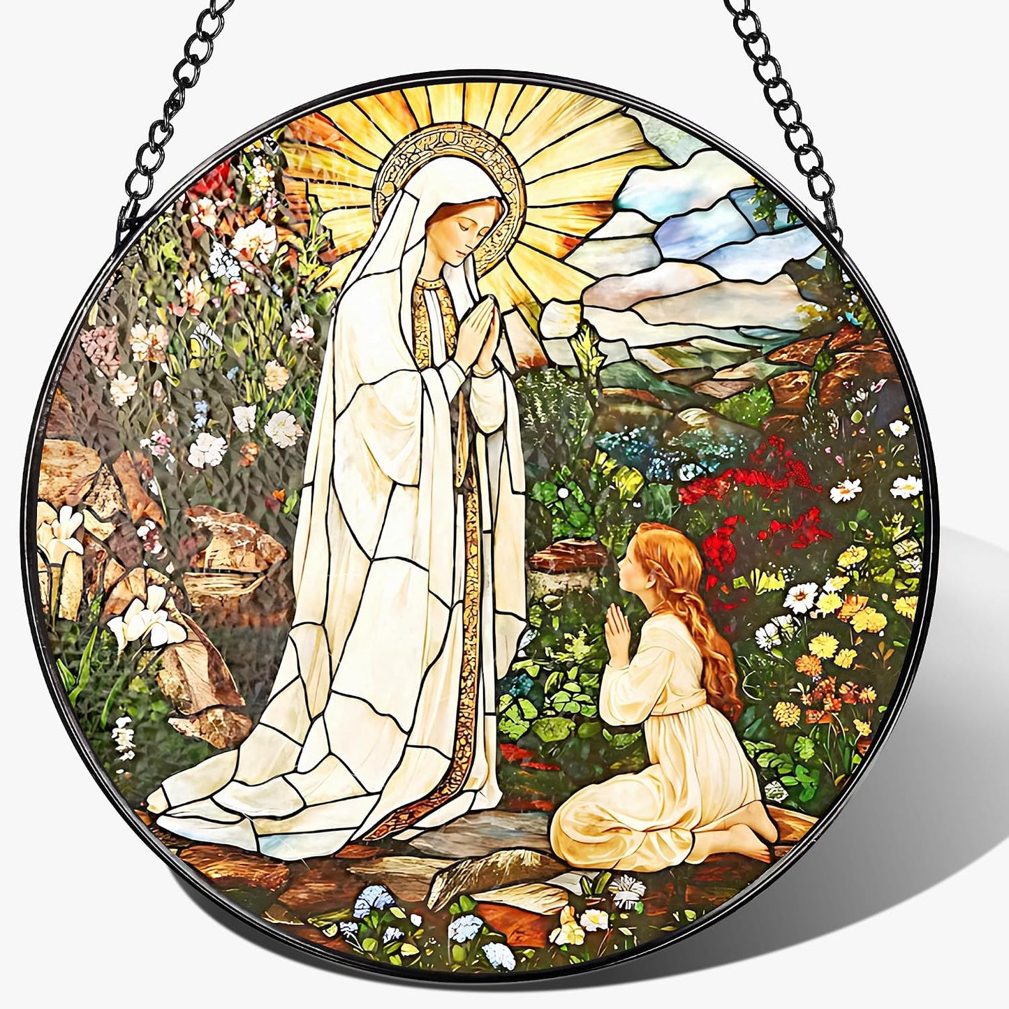 Colgante religioso Virgen María vidrio color 20.32cm