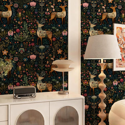 Papel tapiz ciervo florales mural autoadhesivo dormitorio