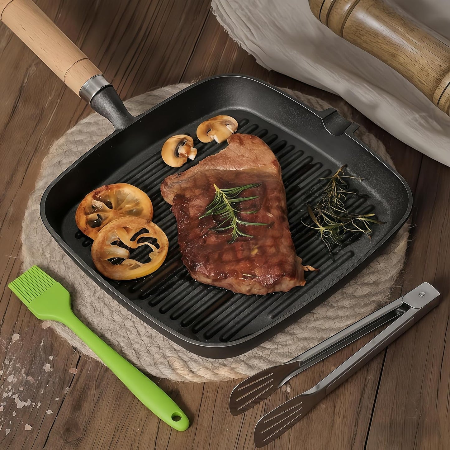 Sartén de hierro fundido para parrilla 9 pulgadas con mango y cepillo
