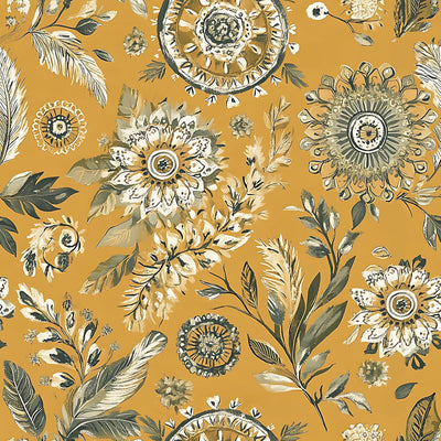 Papel tapiz floral bohemio amarillo mostaza despegar y pegar