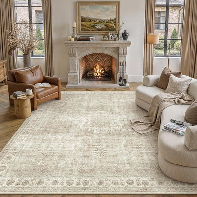 Alfombra beige 8x10ft sala antideslizante vintage pelo bajo