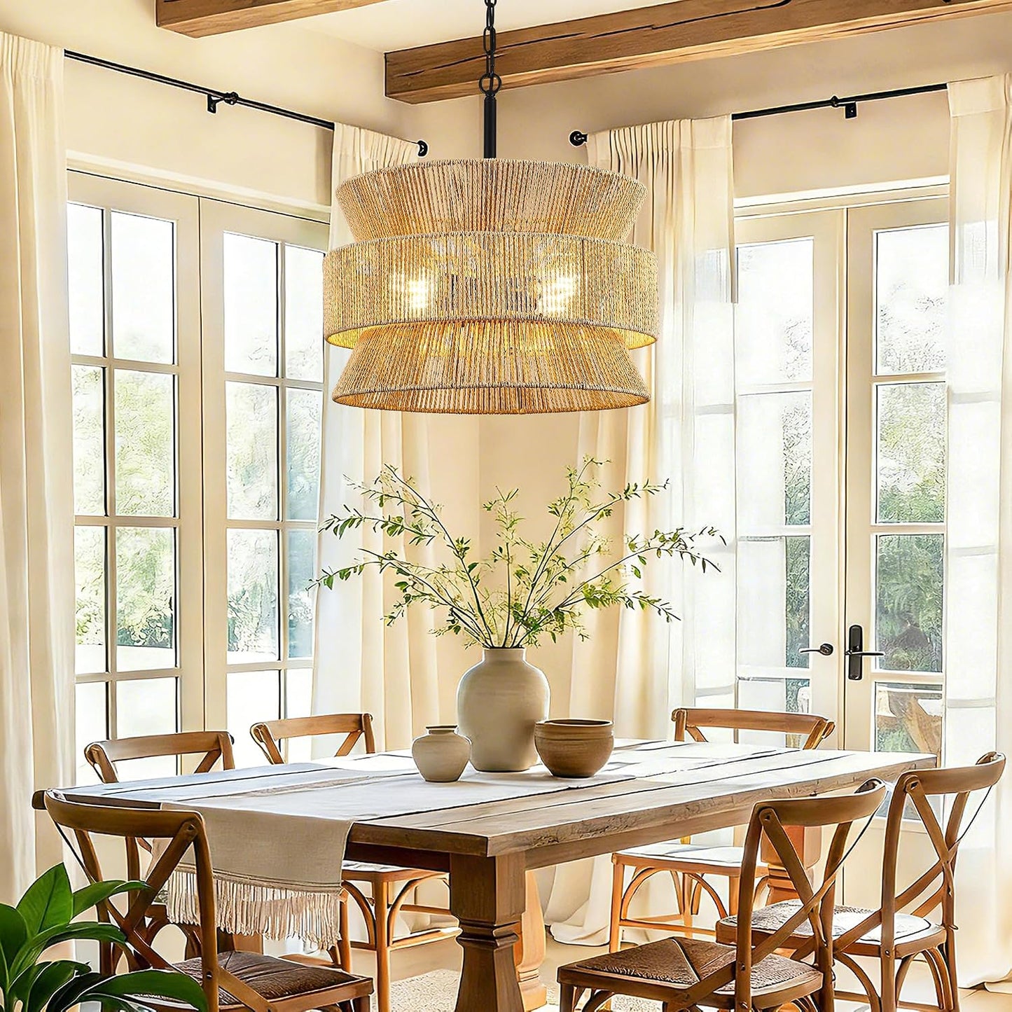 Candelabro ratán 19.68pulg 4 luces bohemio pantalla mimbre amarillo