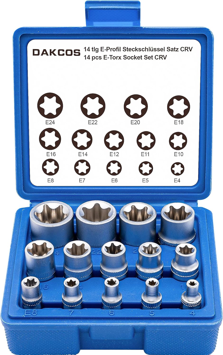 Set 14pcs zócalos E-Torx Star 1/4-3/8-1/2" acero CR-V cromo mate