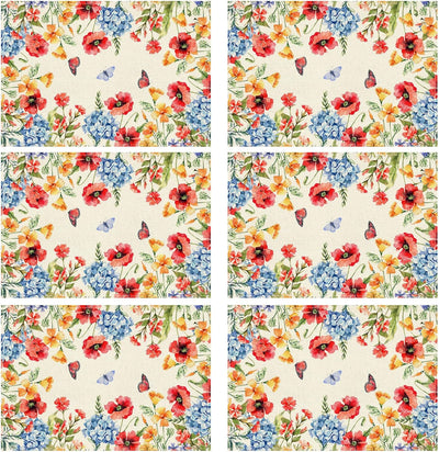 Juego de 6 manteles individuales primavera con mariposas y flores acuarela