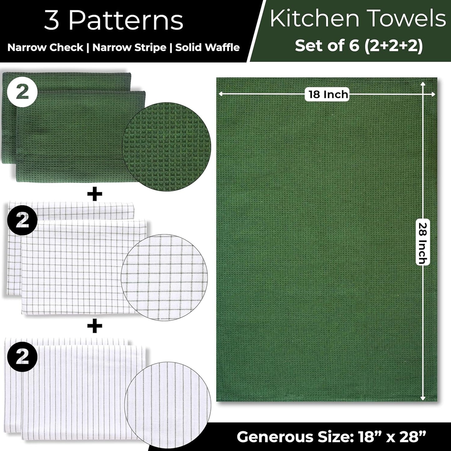 Toallas de cocina de algodón absorbentes en rayas verdes salvia, juego de 6 paños estrechos 18 x 28 pulgadas