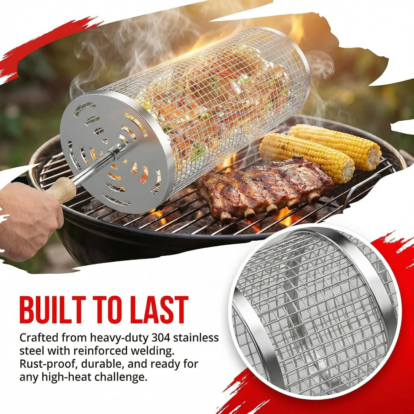 Cesta parrilla acero inox 304 mango madera 2 pzas