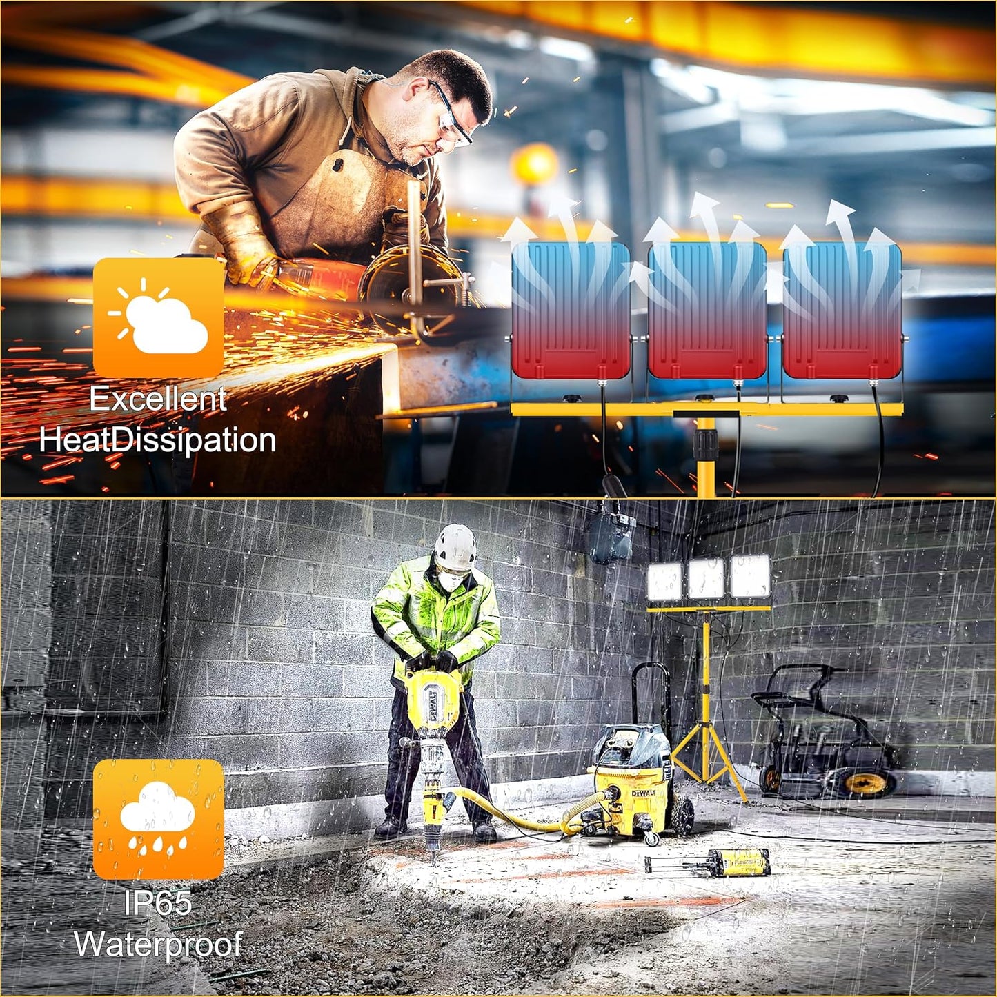 Luz trabajo LED 50000 lúmenes trípode 3 cabezales IP65