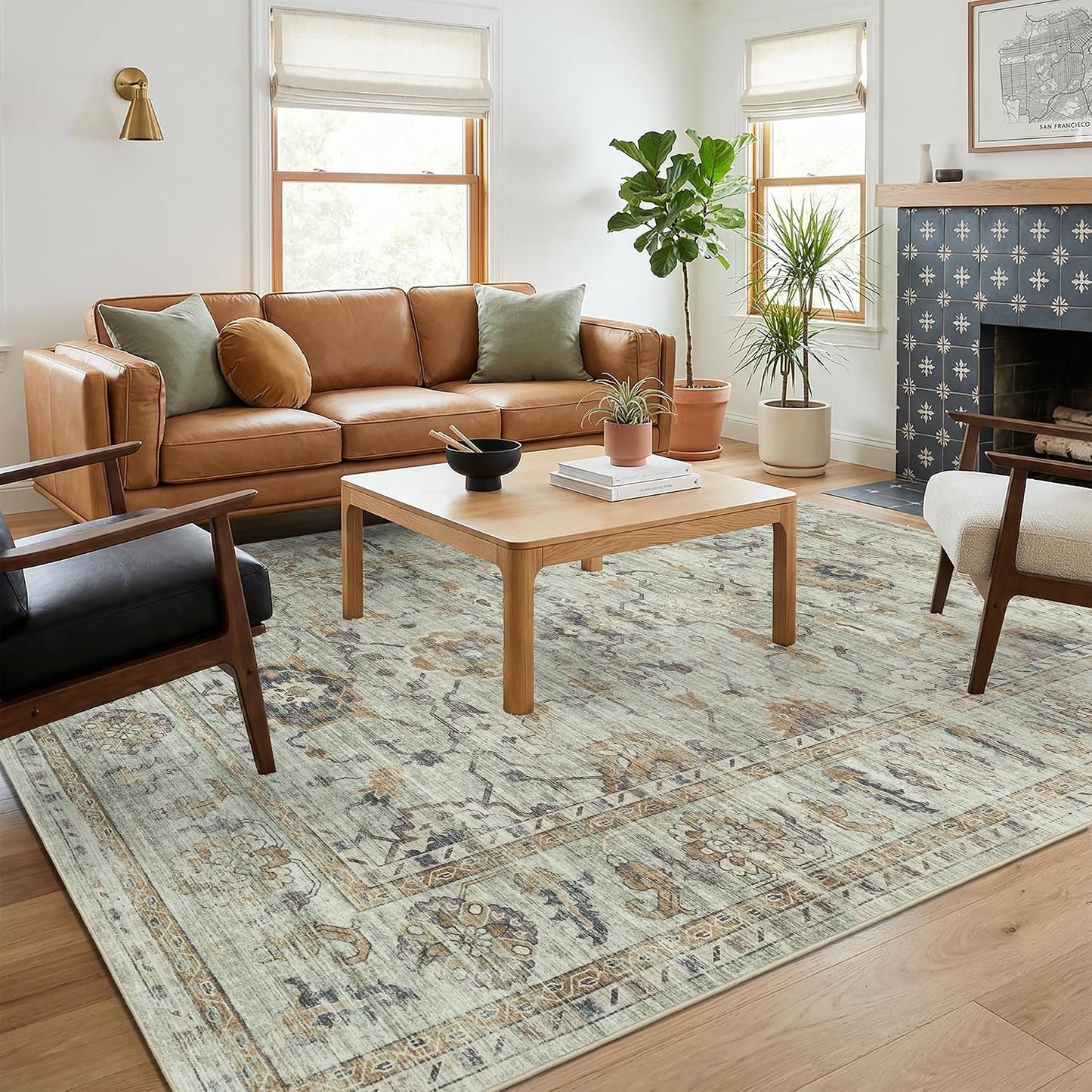 Alfombras lavables 5x7ft sala dormitorio vintage antideslizante beige