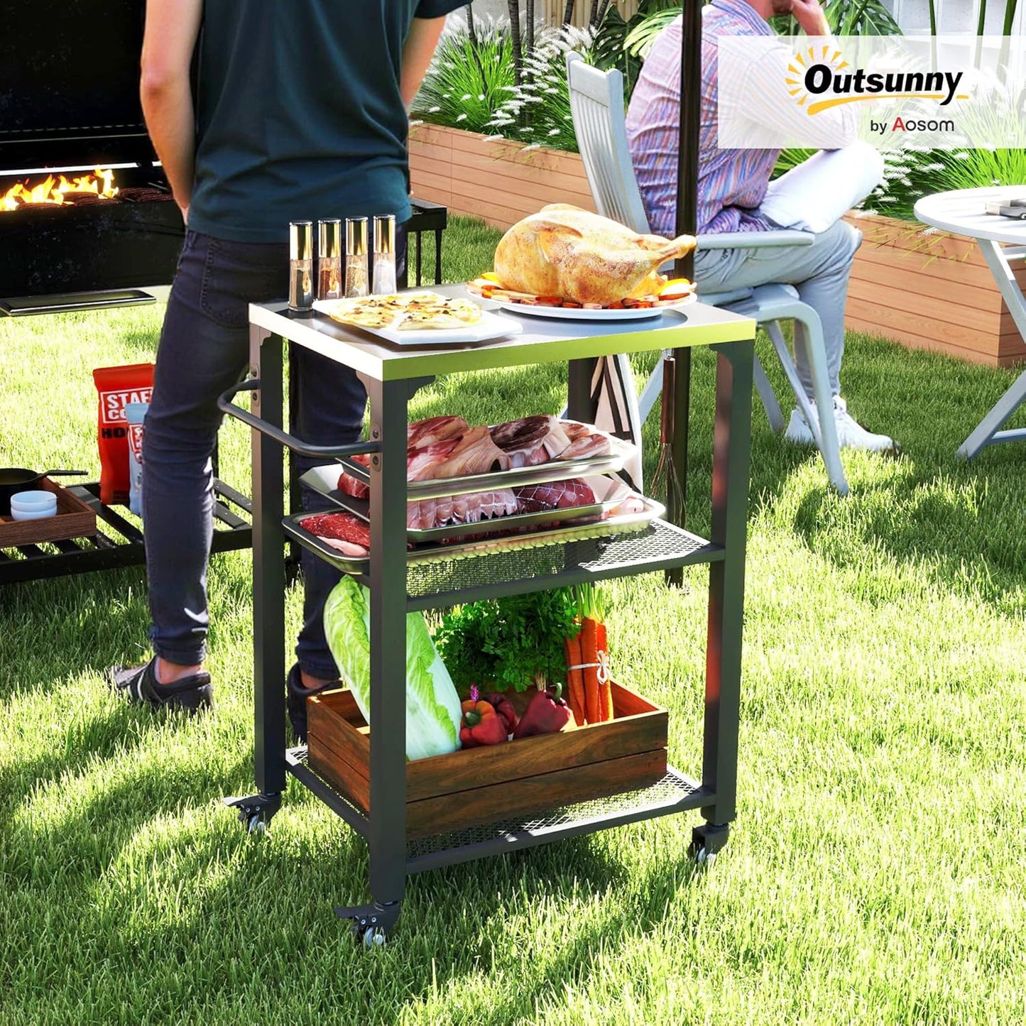 Carrito parrilla 3 estantes mesa acero inox multifuncional