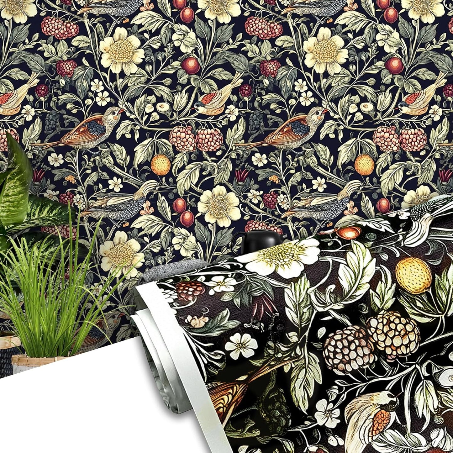 Papel tapiz floral oscuro autoadhesivo extraíble bohemio