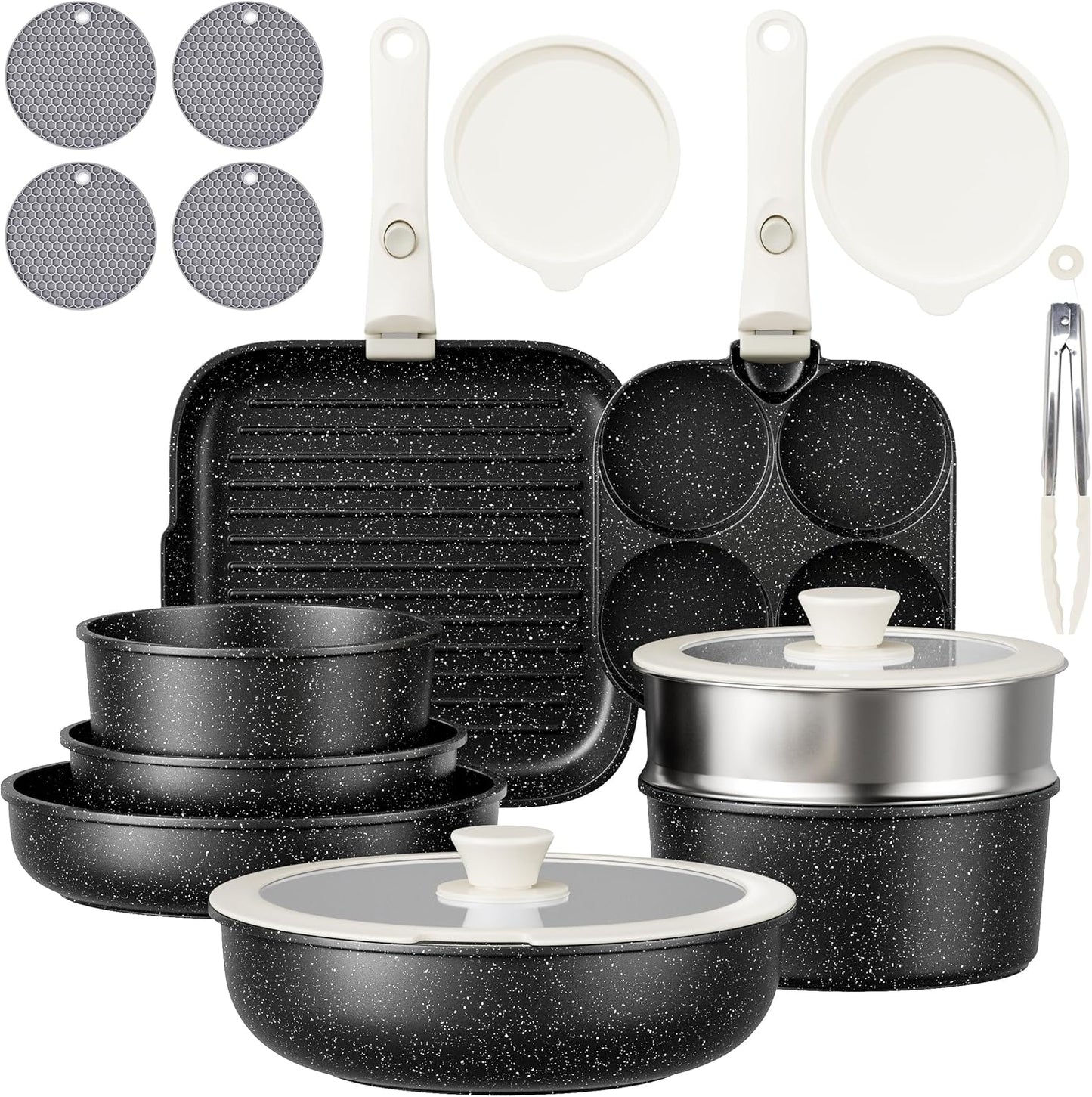 Set 19 Pzas Ollas Sartenes Inducción Mango Extraíble Antiadherente