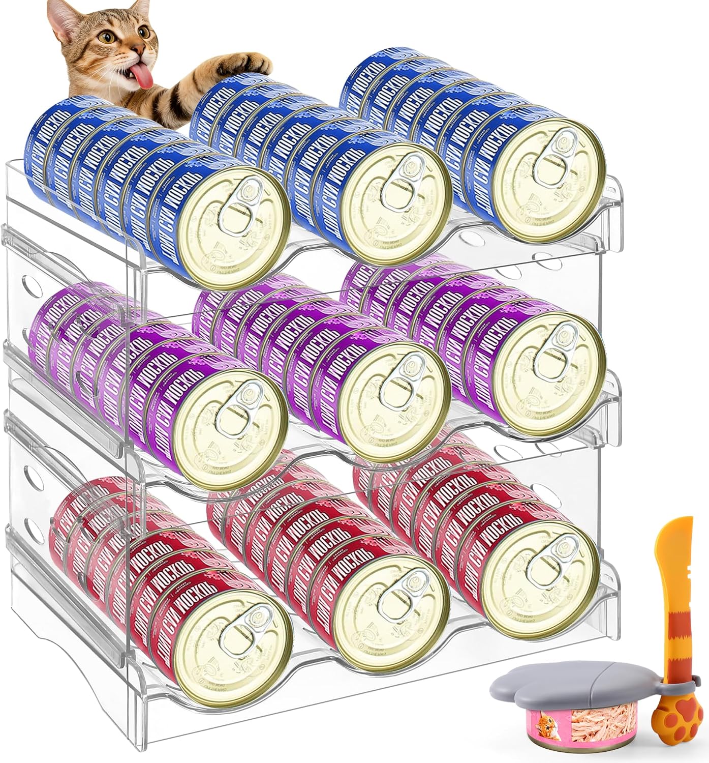 Organizador latas gato acrílico 3 capas 54 con cuchara cubierta