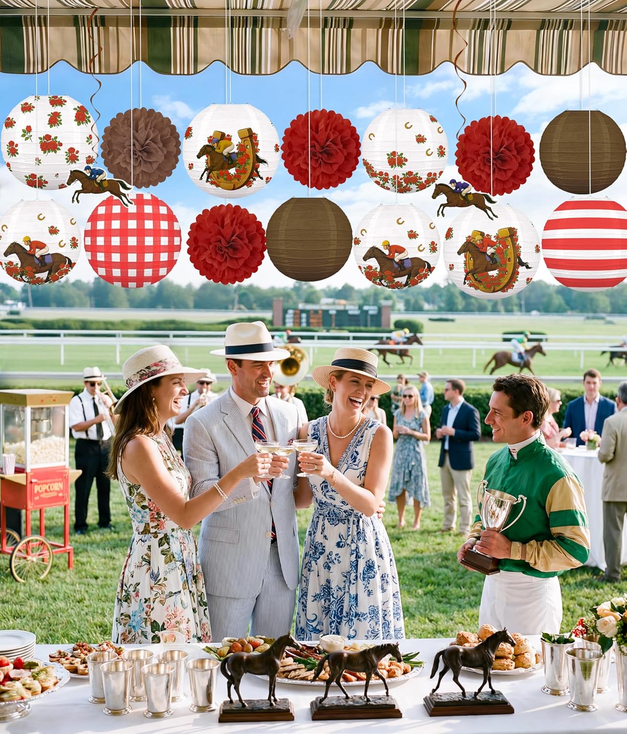 16 Pzas Decoración Fiesta Derby Caballo Corazón Faroles Papel