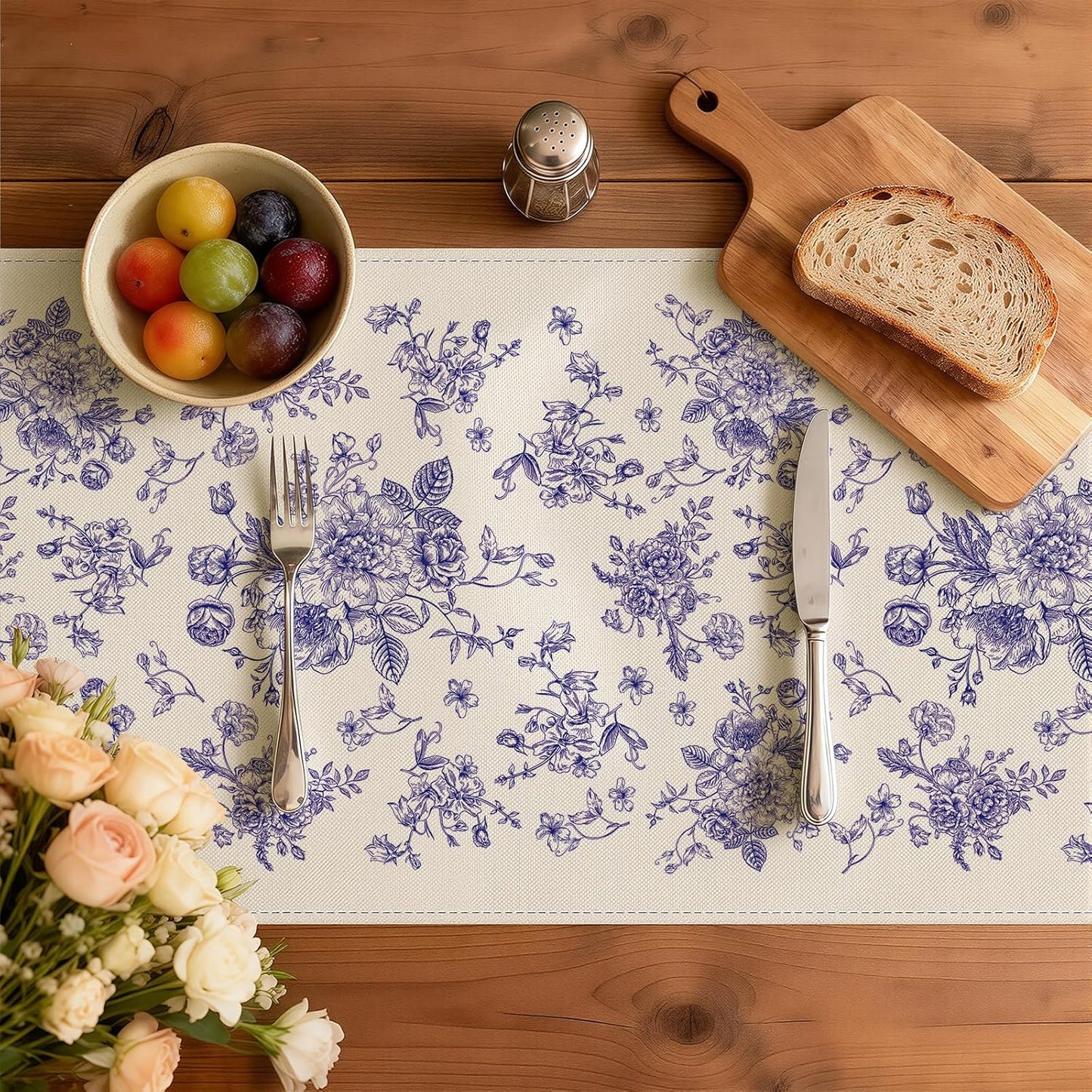 Camino de mesa floral azul chinoiserie 13 x 108 pulgadas decoración de primavera