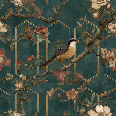 Papel tapiz estilo chino retro pájaros floral 17.7x118pulg