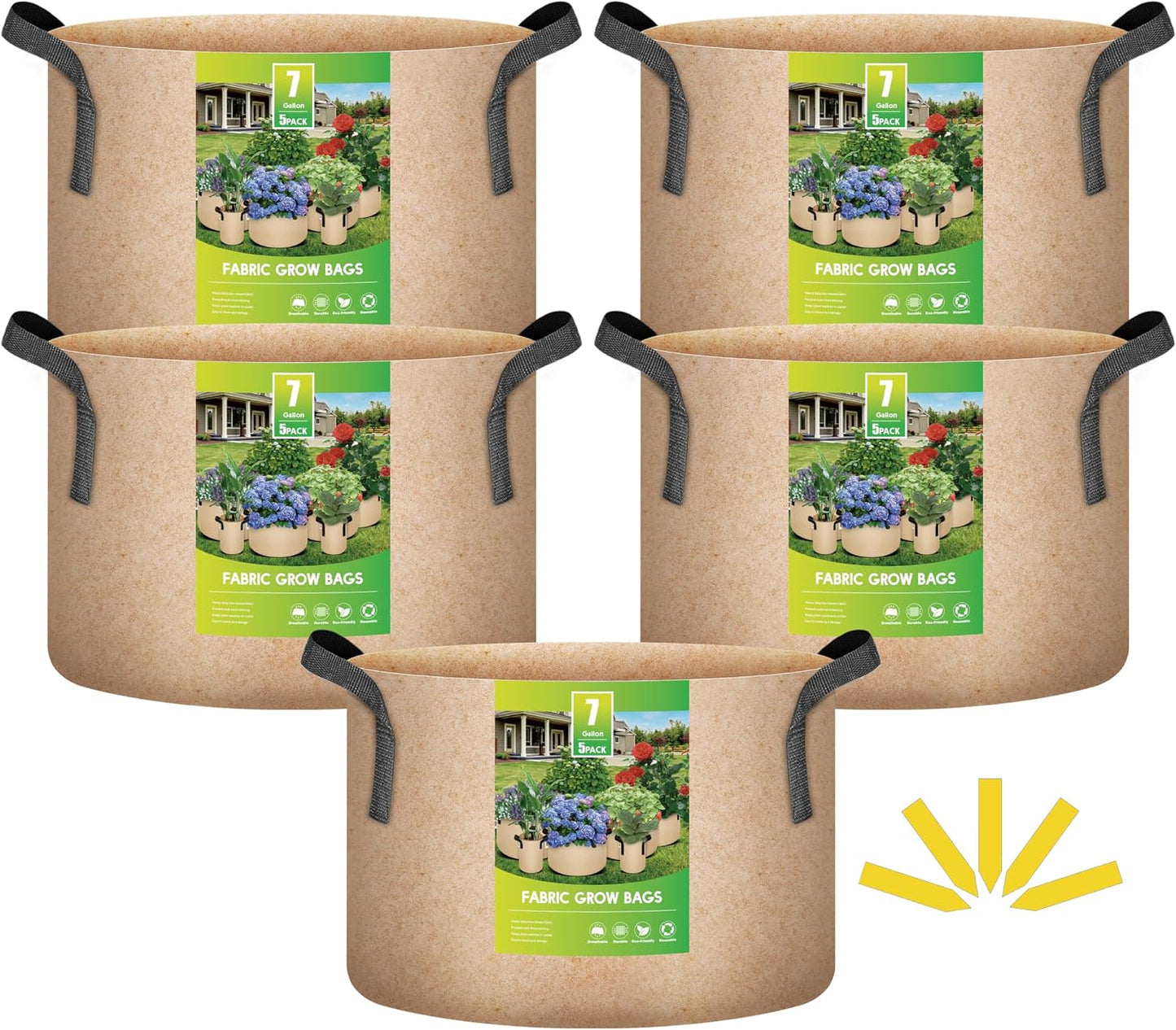 5 Pzas Macetas 7gal Tela Aireación con Asas Marrón