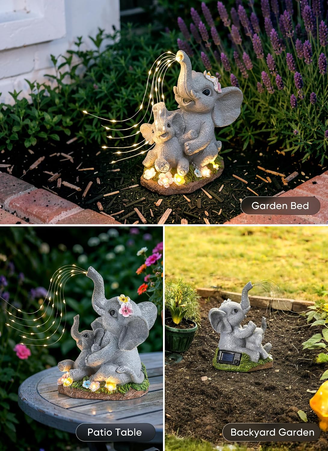 Estatua elefante jardín con suculentas luces LED impermeable